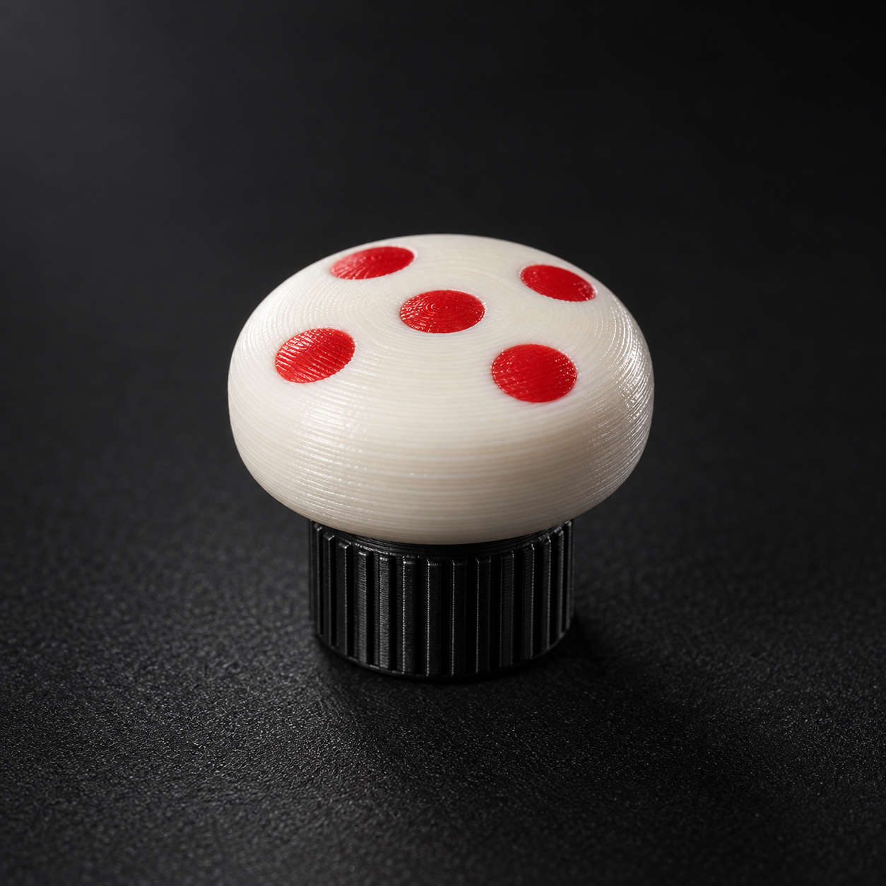 Warm-white rounded 3D-printed valve-cap shell concept with red polka dots