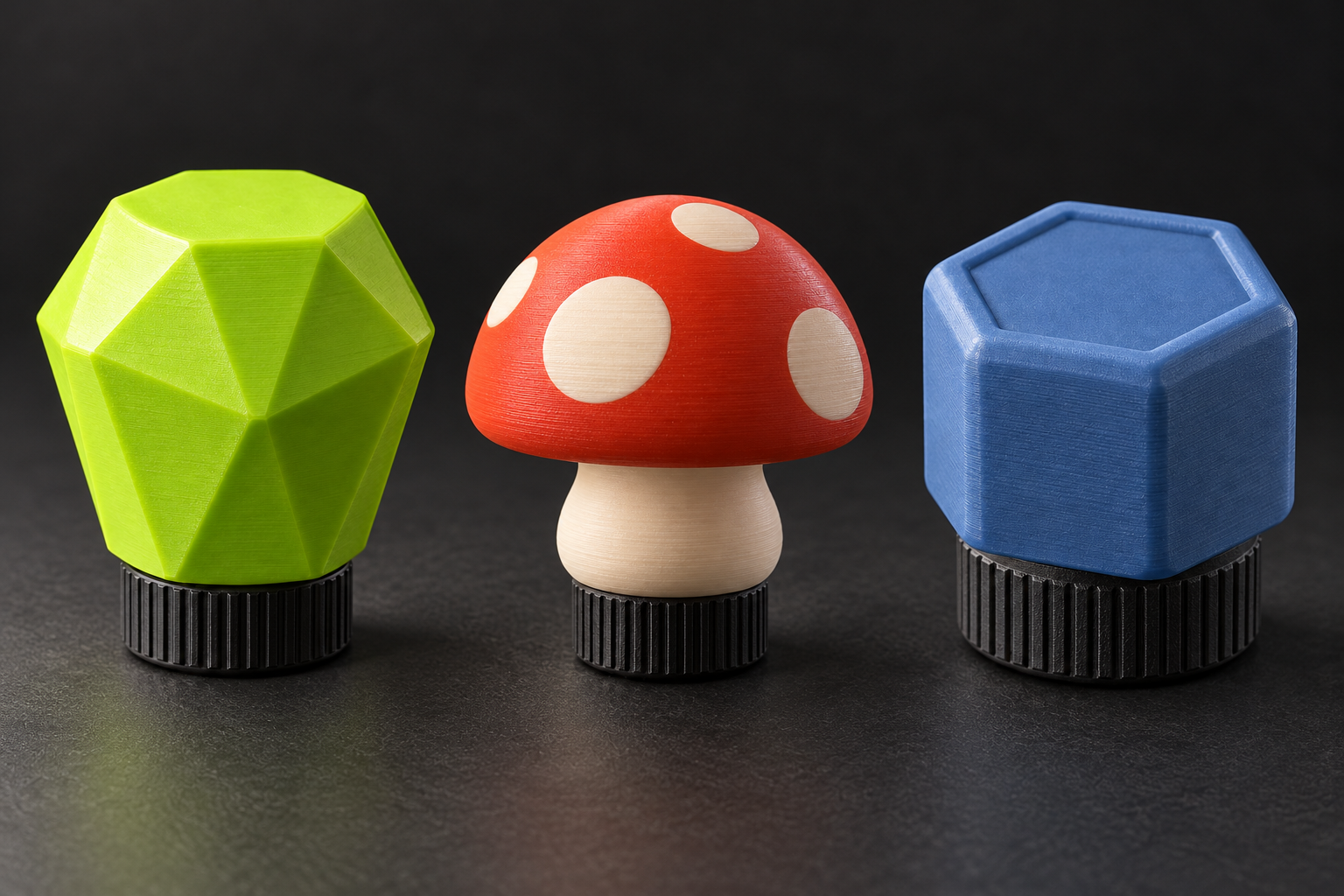 Concept render of matching lime faceted, orange-and-cream mushroom and blue hex decorative caps with visible 3D-print layer texture